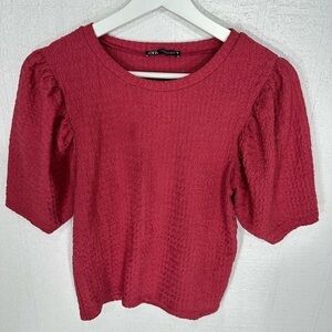 Zara puff sleeve textured top pink size S